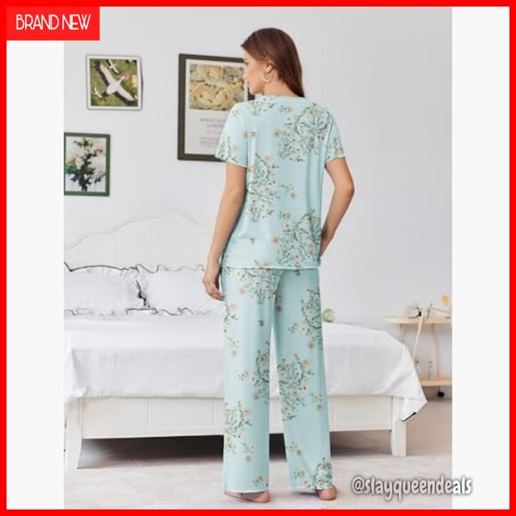 Soft Viscose Bamboo Pajama Set Short Sleeve Long Pants Women's Sleepwear - Picture 4 of 7